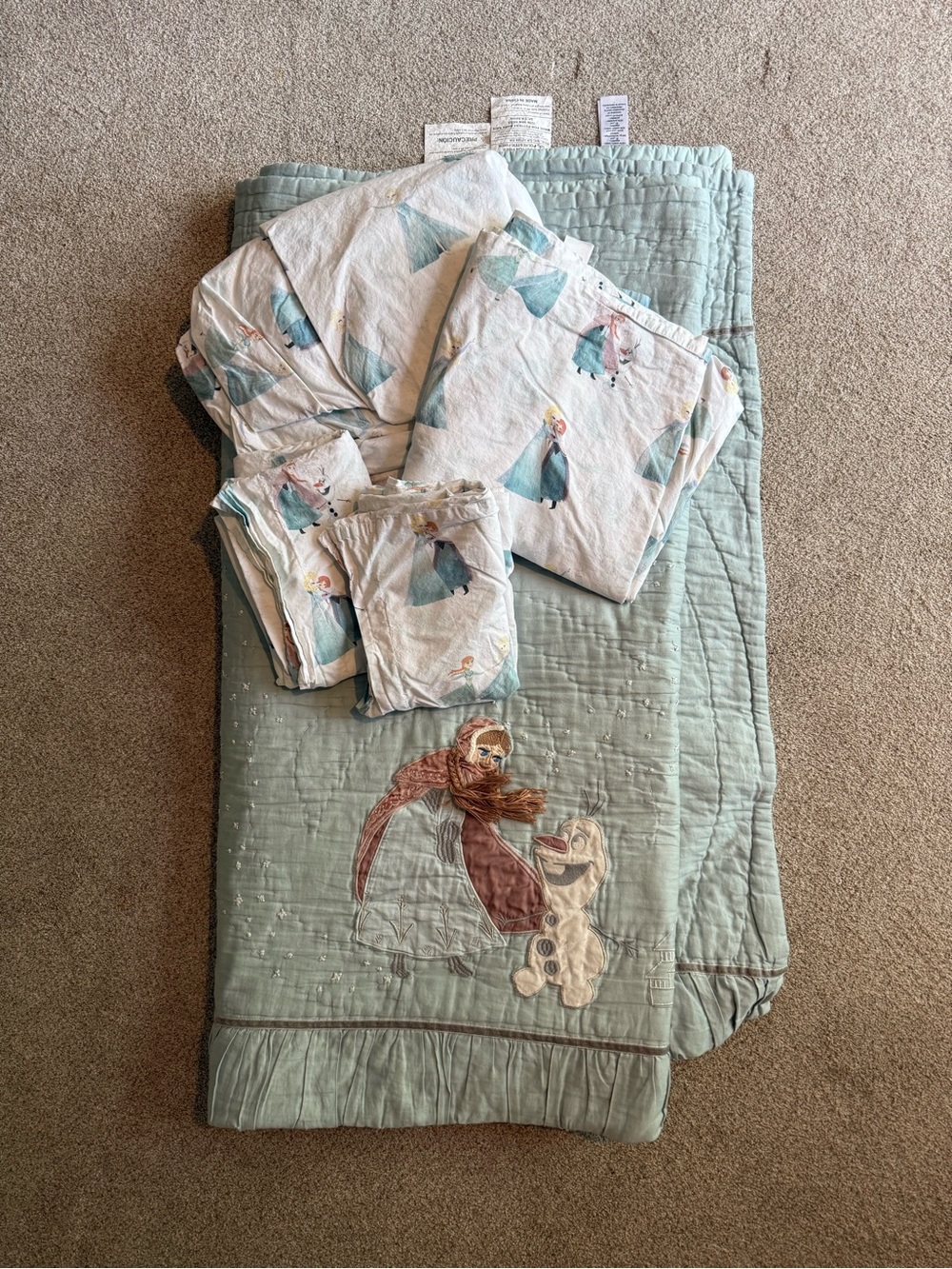 Pottery Barn Kids Light Teal Princess and Snowman Quilt and Sheet Set